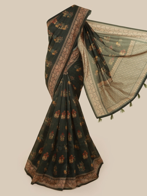 Pothys Green Cotton Blend Printed Chanderi Saree
