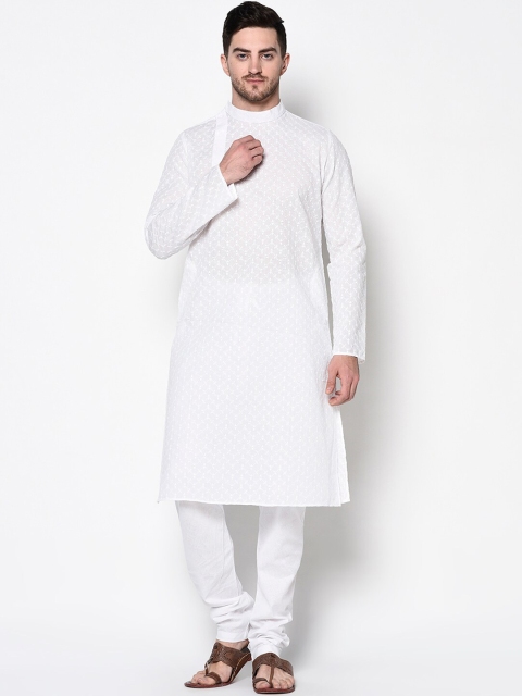 Lamaaya Men White Thread Work Kurta