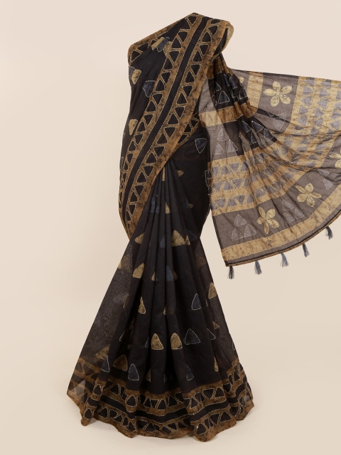Pothys Black & Brown Cotton Blend Woven Design Saree
