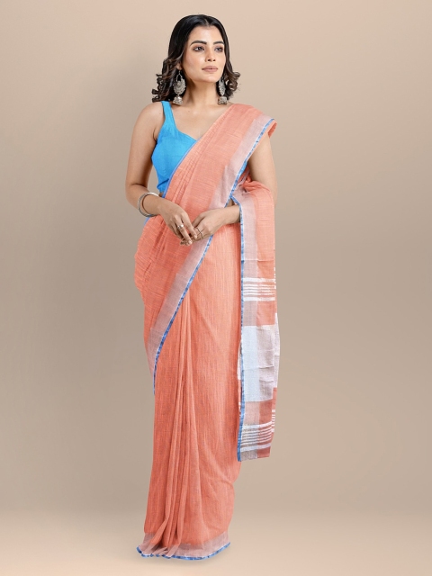 BharatSthali Peach-Coloured Pure Cotton Solid Mangalagiri Handloom Saree