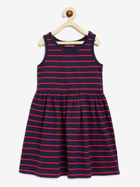 Campana Girls Navy Blue & Maroon Striped Fit and Flare Dress
