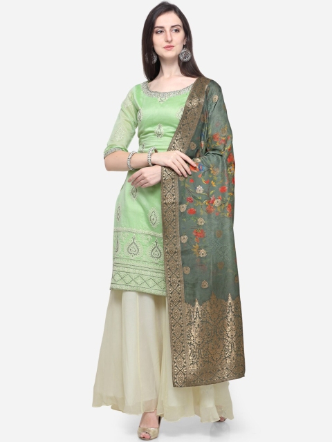 Stylee LIFESTYLE Green & Cream-Coloured Silk Blend Unstitched Dress Material