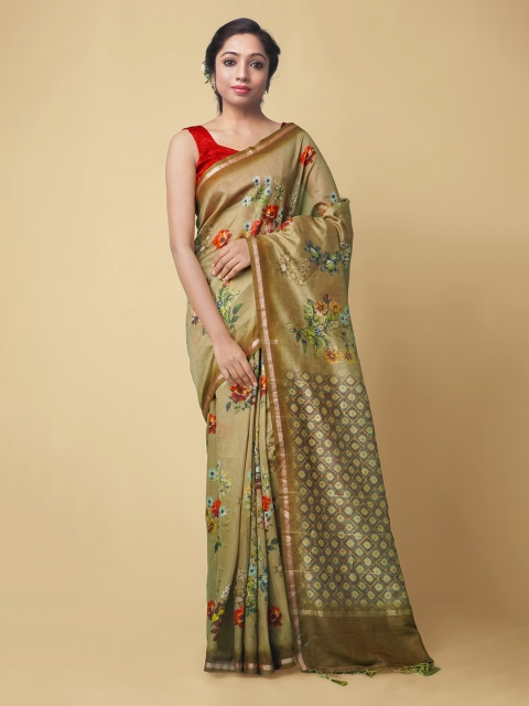 Unnati Silks Green Silk Cotton Printed Chanderi Saree