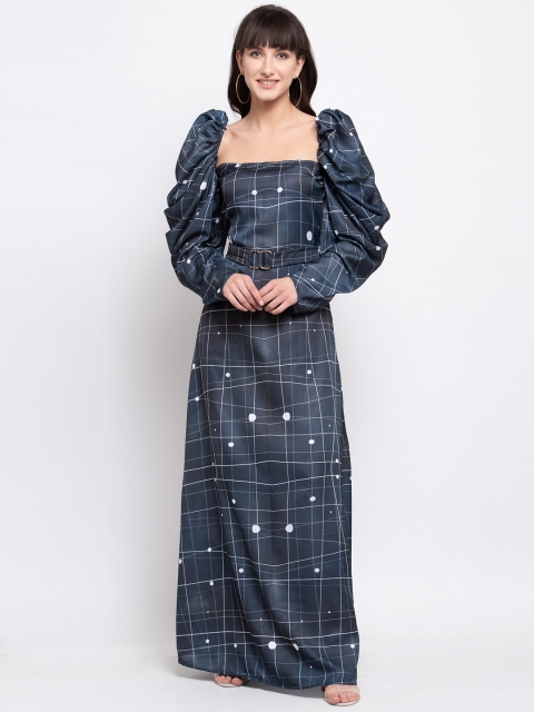 EMBLAZE Women Navy Blue & White Checked Power Shoulders Maxi Dress