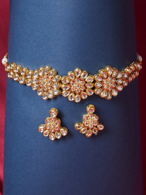 GloBox By ZeroKaata Gold-Plated White Kundan-Studded Handcrafted Jewellery Set
