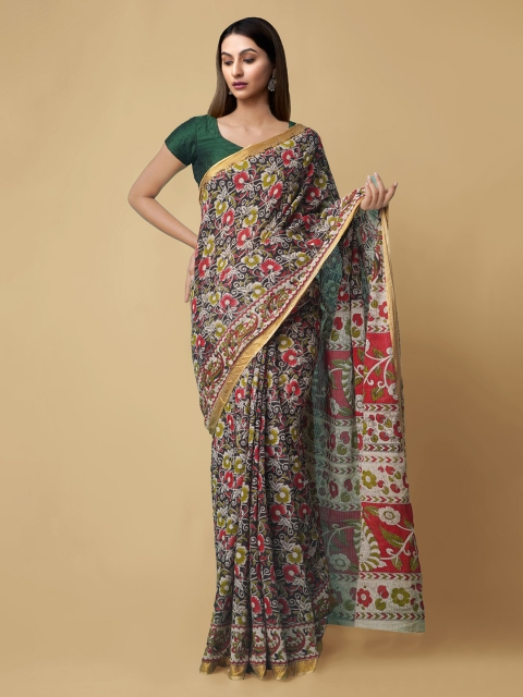 Unnati Silks Black & Red Pure Cotton Kalamkari Printed Saree