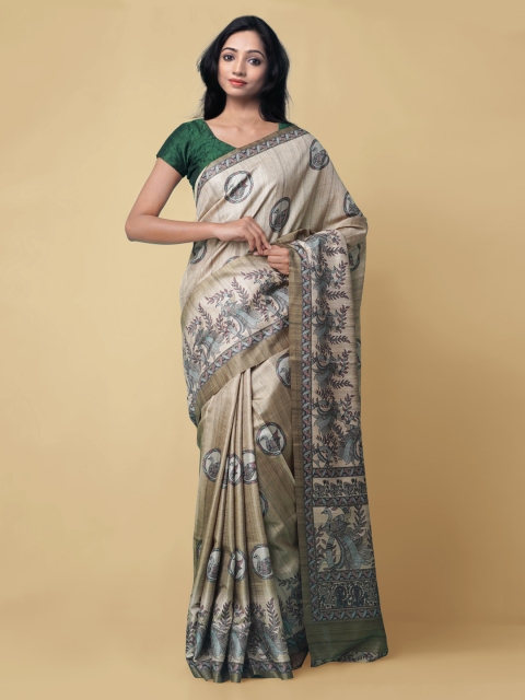Unnati Silks Brown Pure Silk Handloom Block Print Saree