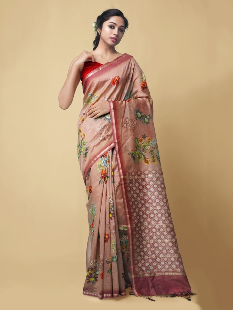 Unnati Silks Brown Silk Cotton Printed Chanderi Saree