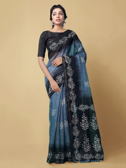 Unnati Silks Blue & Black Pure Silk Printed Block Print Saree