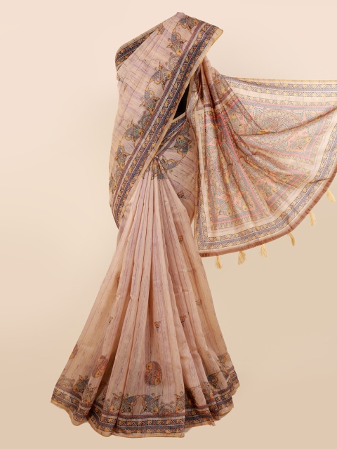 Pothys Beige Cotton Blend Printed Chanderi Saree