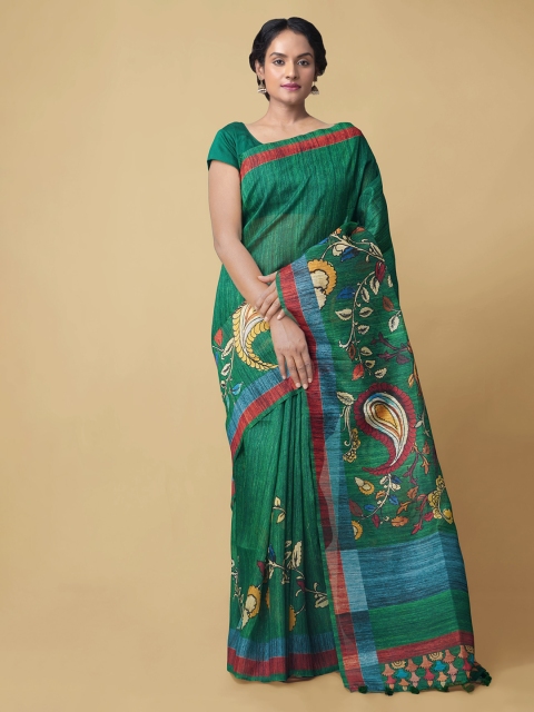 Unnati Silks Green Silk Cotton Printed Handloom Chanderi Saree