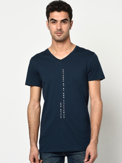 Octave Men Navy Blue Printed V-Neck T-shirt