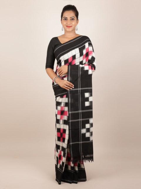 Pothys Black & White Pure Cotton Checked Sambalpuri Saree