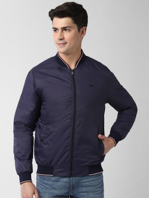 Peter England Casuals Men Navy Blue Solid Bomber Jacket