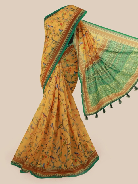 Pothys Yellow Cotton Blend Printed Chanderi Saree