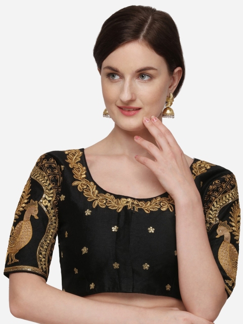 Fab Dadu Women Black & Gold-Coloured Embroidered Saree Blouse
