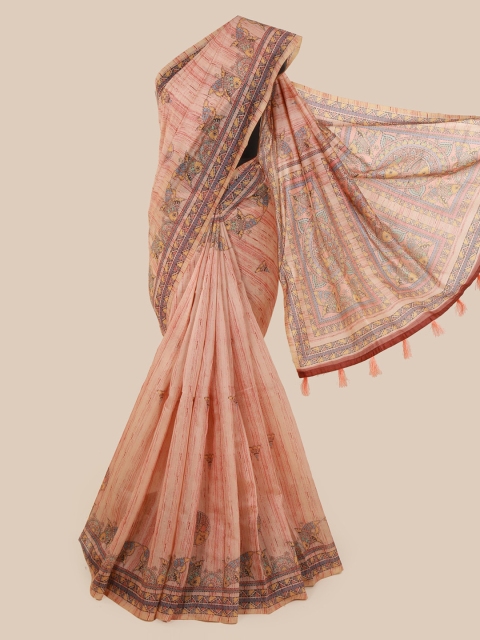 Pothys Peach-Coloured Cotton Blend Printed Chanderi Saree