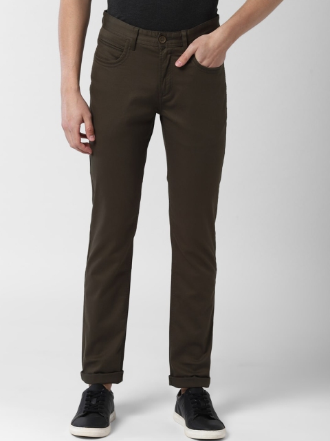 Peter England Casuals Men Olive Green Slim Fit Solid Regular Trousers