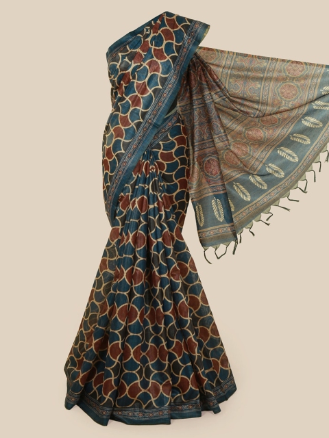Pothys Green & Brown Jute Silk Printed Saree