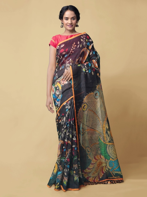 Unnati Silks Black Silk Cotton Printed Chanderi Saree