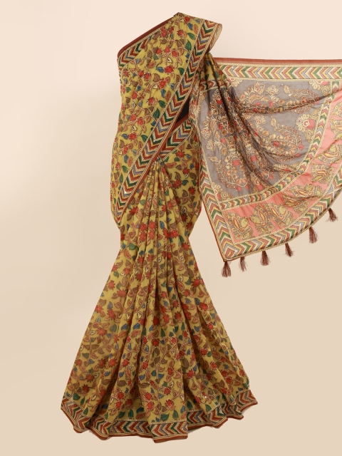 Pothys Green & Brown Cotton Blend Printed Saree
