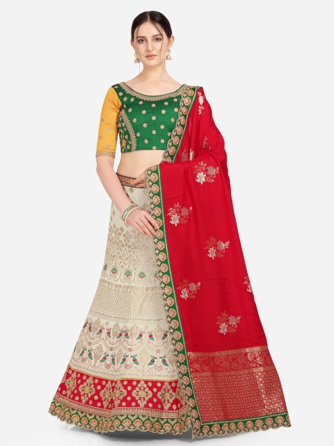 Stylee LIFESTYLE Off-White & Green Embroidered Semi-Stitched Lehenga & Unstitched Blouse with Dupatta