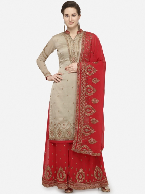 Stylee LIFESTYLE Grey & Red Satin Embroidered Semi-Stitched Dress Material