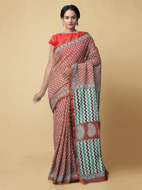 Unnati Silks Red & Sea Green Pure Cotton Printed Handloom Block Print Saree