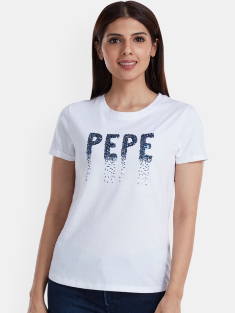 Pepe Jeans Women White Printed Round Neck T-shirt
