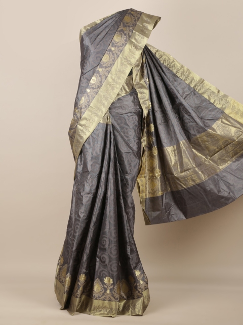 Pothys Grey & Gold-Toned Pure Silk Woven Design Tussar Saree