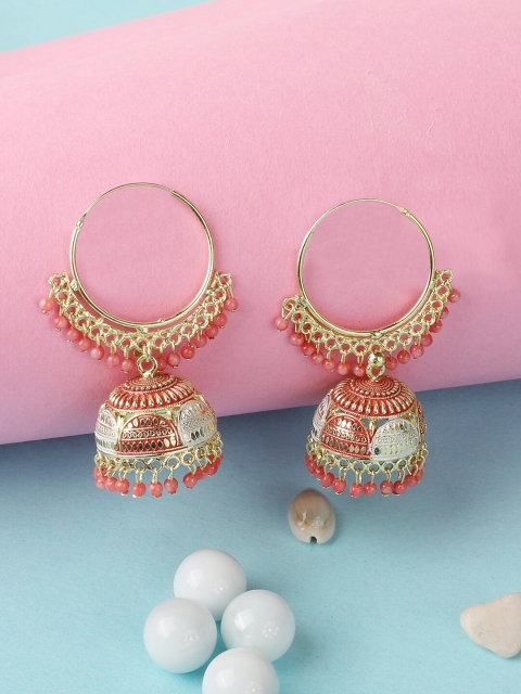 ANIKAS CREATION Gold-Toned & Pink Dome Shaped Jhumkas