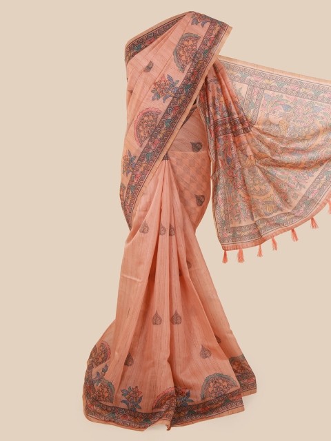 Pothys Peach-Coloured & Blue Cotton Blend Printed Saree