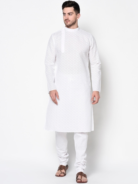 LAMAAYA Men White Embroidered Chikankari Kurta