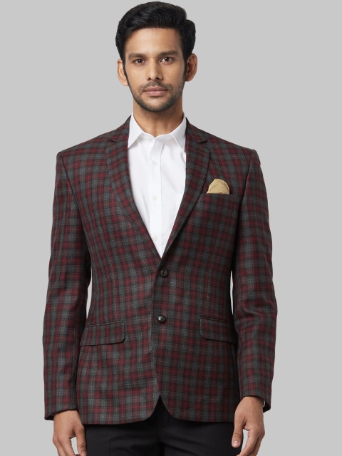 Park Avenue Men Grey & Maroon Checked Single-Breasted Formal Blazer