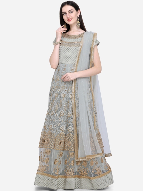 Stylee LIFESTYLE Grey & Gold-Toned Net Semi-Stitched Dress Material
