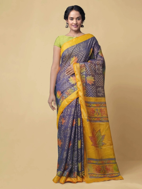 Unnati Silks Blue & Yellow Silk Cotton Printed Chanderi Saree