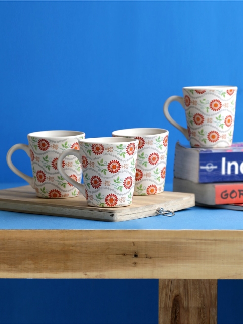 MIAH Decor White & Orange Set of 4 Printed Stoneware Mugs Set