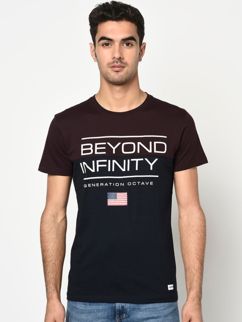 Octave Men Burgundy & Navy Blue Printed Round Neck T-shirt
