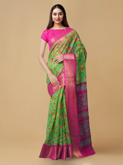 Unnati Silks Green & Pink Silk Cotton Printed Chanderi Saree