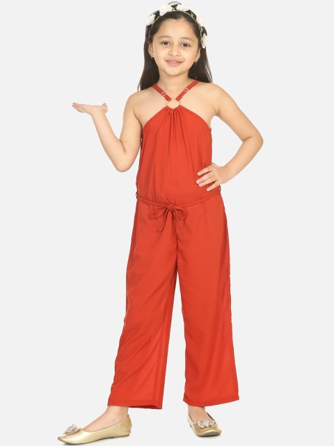 LilPicks Girls Rust Red Solid Basic Jumpsuit