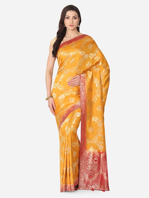 BOMBAY SELECTIONS Mustard Yellow Silk Blend Woven Design Banarasi Saree