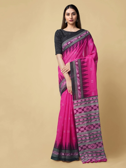 Unnati Silks Pink & Black Pure Silk Printed Sambalpuri Saree