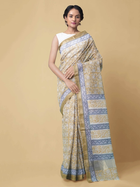 Unnati Silks Yellow & Blue Silk Cotton Printed Chanderi Saree