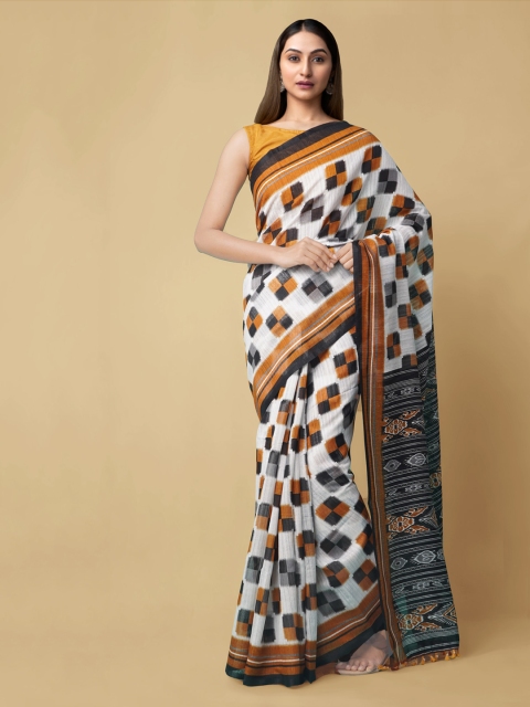 Unnati Silks White & Orange Pure Silk Checked Sambalpuri Saree