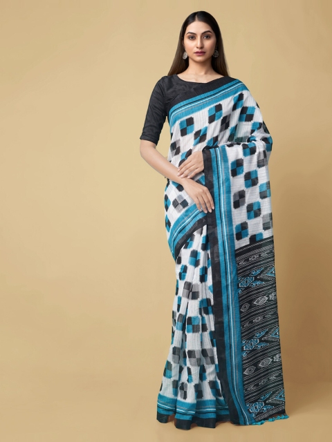 Unnati Silks White & Blue Pure Silk Printed Sambalpuri Handloom Saree