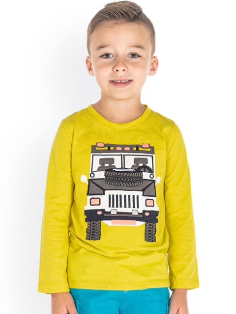 Cherry Crumble Boys Yellow Printed Round Neck T-shirt