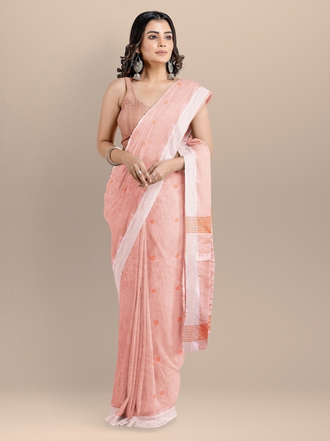 BharatSthali Peach-Coloured & Orange Pure Cotton Woven Design Maheshwari Handloom Saree
BharatSthali Peach-Coloured & Orange Pure Cotton Woven Design Maheshwari Handloom Saree