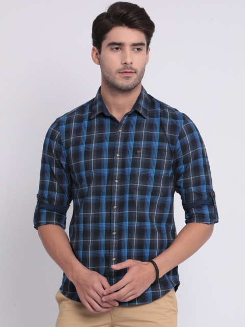 t-base Men Blue & Black Slim Fit Checked Casual Shirt