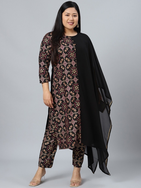 curveZI by Ziyaa Women Black Printed Kurta with Trousers & Dupatta