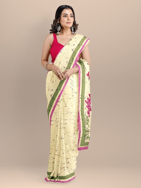BharatSthali Cream-Coloured & Pink Pure Cotton Printed Block Print Saree